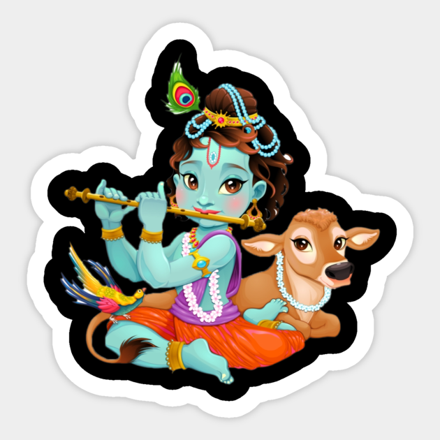 Cute lord krishna with pretty adorable cow Lord Krishna Sticker